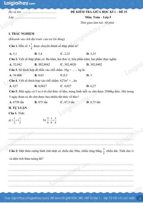 Đề kiểm tra giữa kì 1 Toán 5 - Đề số 15
